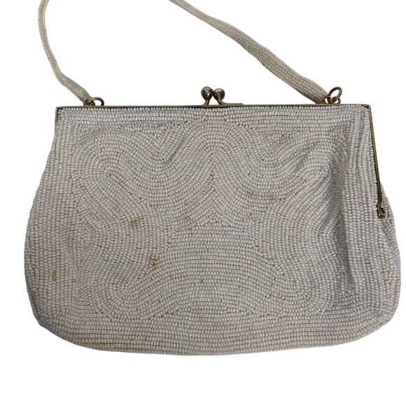 Vintage Floral Beaded Handbag Evening Bag White Pink Bridal Wedding Japan Made - Picture 5 of 11